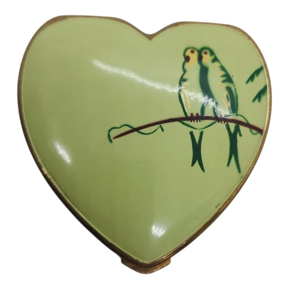 Vintage Heart Compact Lovebirds Mirror Powder Case USA Gold Tone Enamel RARE
